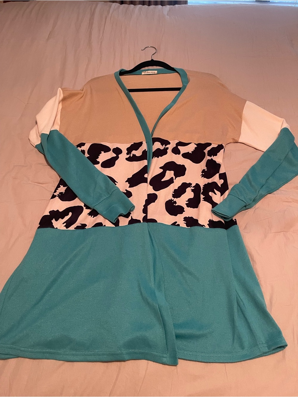 Teal, Beige and Black Leopard Colorblock Long Cardigan